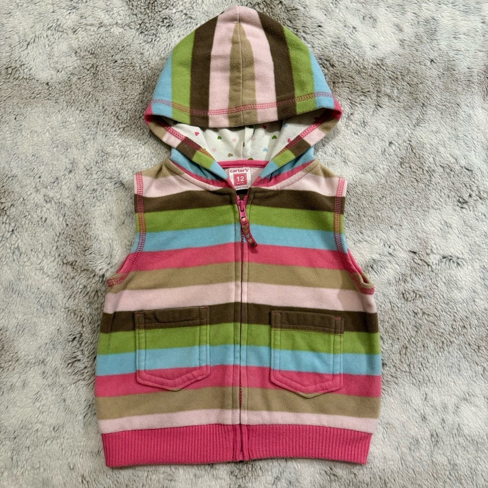 Vintage Carters Baby Fleece Striped Zip Up Vest Size 12 Months